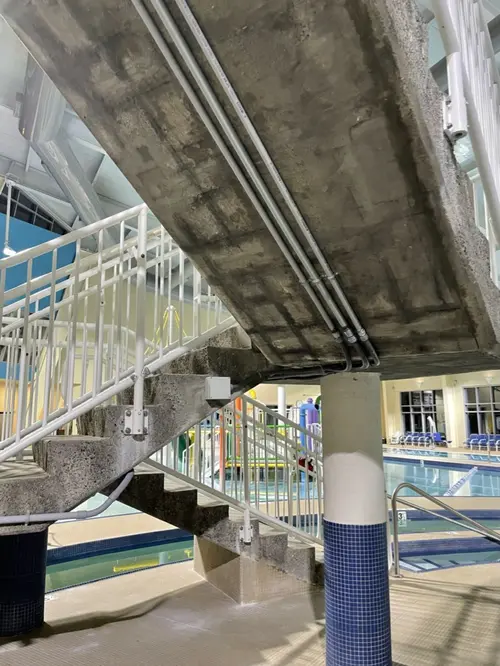 Corrosion damage to slide at indoor waterpark