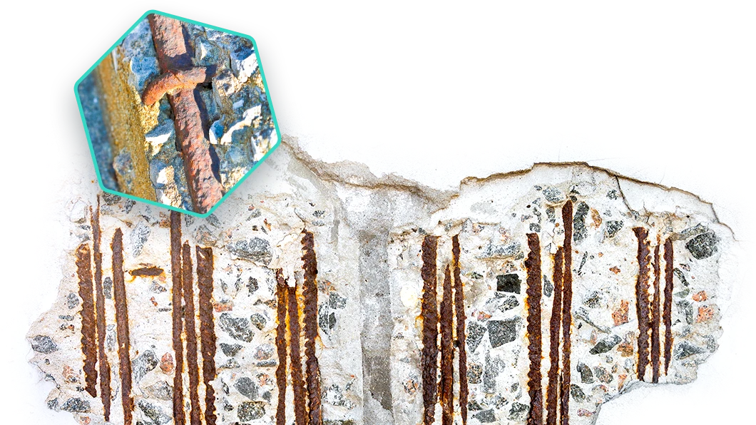 A sliced view of the corroded bars in a concrete structure.